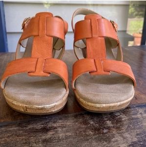 Clarks cork wedge heels orange leather size 9M